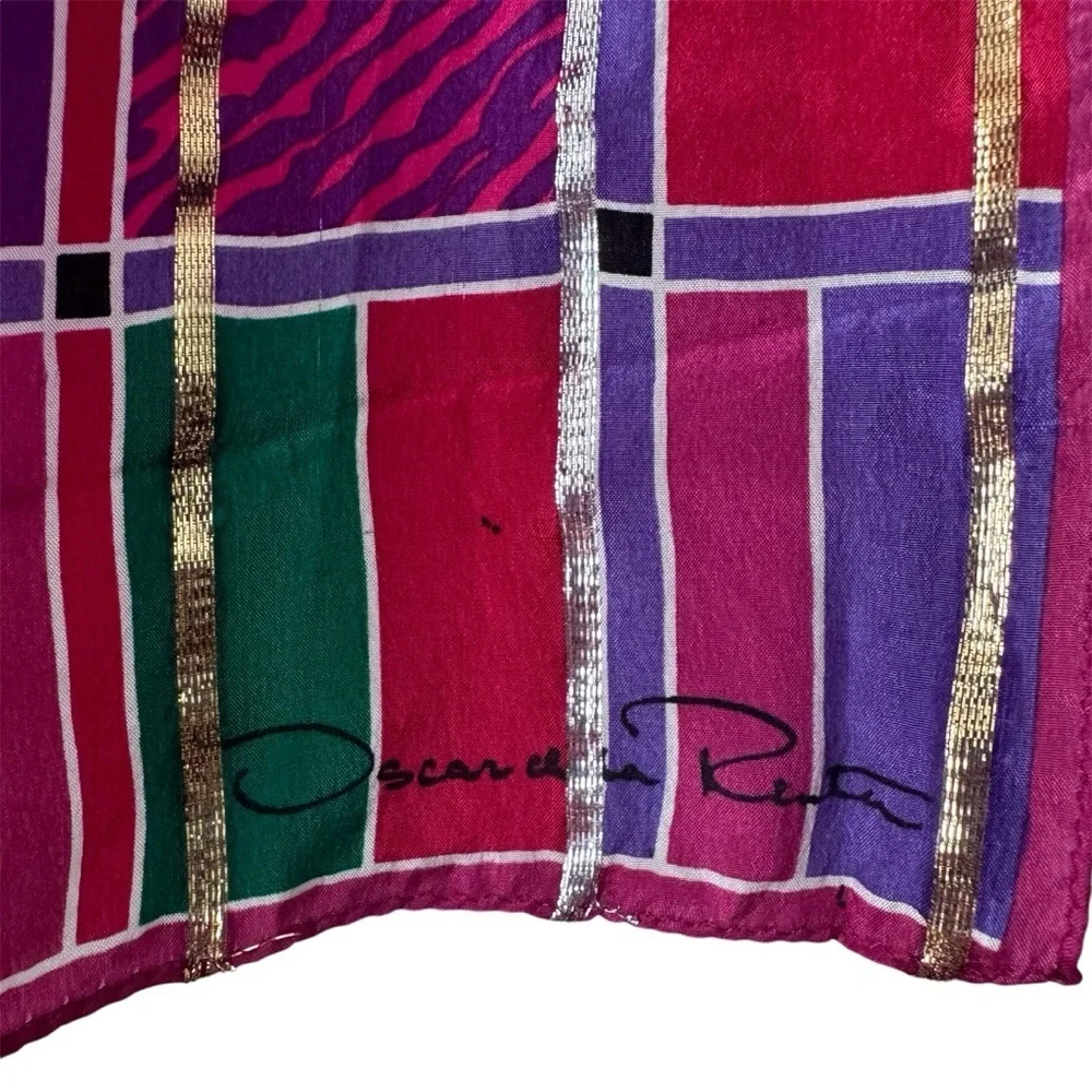 Oscar de la Renta vintage tartan colorful silk plaid metallic scarf 52x11
